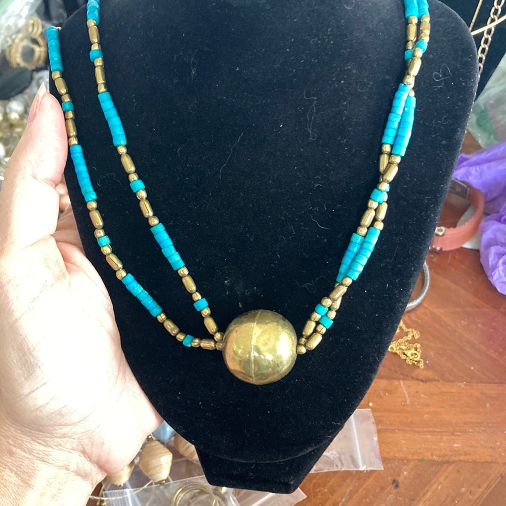 Blue and Gold Double-Stranded Necklace with Ethnic-Inspired Design